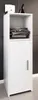 A white cabinet with one door and one open shelf, containing folded towels, is shown against a gray tiled wall. Produktbild-Vorschau