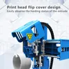 A close-up view of a blue 3D printer's print head with text overlays describing its features. Produktbild-Vorschau