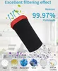 A filter for a vacuum cleaner is shown with graphics illustrating its filtering capabilities. Produktbild-Vorschau