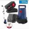 A collage of tools and accessories for a Güde brand power tool, including a battery, charger, submersible pump, and hose. Produktbild-Vorschau