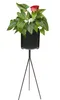 A black metal plant stand with a potted plant featuring green leaves and a red flower, isolated on a white background. Anteprima dell’immagine prodotto