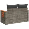 Rear view of a two-seater outdoor sofa made of grey poly rattan with dark grey cushions and wooden armrests. Podgląd zdjęcia produktu