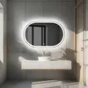 A modern bathroom vanity with a sink and an illuminated oval mirror. Produktbild-Vorschau