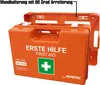 An orange first-aid box with its wall mount. The box is open, showing the inside is empty. Text and symbols are visible on the box. Podgląd zdjęcia produktu