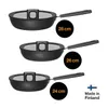 Three frying pans of different sizes are displayed, each with a lid. Text indicates their sizes and origin. Podgląd zdjęcia produktu