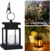 A collage showing a solar-powered LED lantern with a candle inside, presented in isolation and then in outdoor and indoor settings. Voir les images du produit