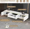 A white TV stand with marble-like texture and gold accents, featuring open and closed storage compartments, is shown in a living room setting. Podgląd zdjęcia produktu