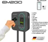 A person is shown using an EM2GO AC Wallbox Home 11kW charging station. The image also includes marketing text and feature highlights. Produktbild-Vorschau
