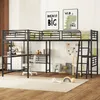 A loft bed with two desks and two ladders in a room with decorative posters and toys. Voir les images du produit