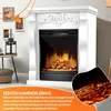 A white electric fireplace with a realistic flame effect, set in a room with decorative elements and text overlays. Produktbild-Vorschau