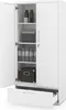 An open white metal cabinet with shelves, a drawer, and various office supplies and containers. Podgląd zdjęcia produktu