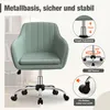 A mint green office chair with chrome accents, shown with diagrams highlighting its features. Produktbild-Vorschau