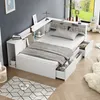 A white multifunctional single bed with storage drawers, set up in a bedroom with a window view. Produktbild-Vorschau