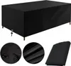 A black rectangular cover for outdoor furniture, shown from a slightly elevated angle, with close-up insets showing water droplets on the fabric and the fabric's texture, and a folded version of the cover. Produktbild-Vorschau