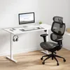 A white desk with a computer, keyboard, mouse, and headphones, next to a black ergonomic office chair. Náhľad obrázku produktu