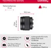 A technical data sheet for a camera lens, showing its dimensions, weight, and key features. Náhľad obrázku produktu
