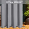 A close-up of gray outdoor curtains with grommets at the bottom, set against a wooden deck and a potted plant. Náhled obrázku produktu