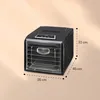 A black food dehydrator is shown in a studio setting with measurements indicated. Náhľad obrázku produktu