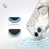 A close-up of a clear phone case with gold accents and white daisy designs, shown from a diagonal angle, with abstract blue and white graphic elements on the left. Podgląd zdjęcia produktu