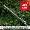 A hedge trimmer is shown cutting through green foliage. Produktbild-Vorschau