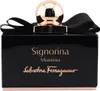 A black bottle of Salvatore Ferragamo Signorina Misteriosa eau de Parfum for women, with gold lettering and a gold cap, tied with a black ribbon. Náhled obrázku produktu