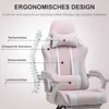 A pink ergonomic gaming chair with labels pointing out its features. Náhled obrázku produktu
