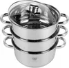 A stainless steel steamer pot with a glass lid, stacked in three tiers. Produktbild-Vorschau