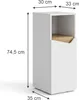 A white cabinet with an oak-colored shelf and a cut-out front panel, with dimensions indicated by measurement lines and text. Produktbild-Vorschau
