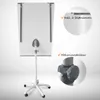 A white flip chart on a mobile stand with wheels, shown from the back. Inset circles highlight features. Produktbild-Vorschau