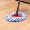 A mop head with blue and white strands is shown on a wooden floor, with the handle extending upwards. Produktbild-Vorschau