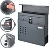 A collage of images showing a gray mailbox with different close-up views of its features, including a key being inserted, the interior with mail, and the lock mechanism. Produktbild-Vorschau