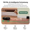 A robotic vacuum cleaner is shown on a wooden floor with a charging dock and a teddy bear peeking from behind a couch. Text overlays describe its features. Produktbild-Vorschau
