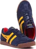 A pair of blue Gola Harrier sneakers with yellow stripes and red lining, shown against a white background. Produktbild-Vorschau