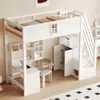 A white loft bed with integrated desk, storage, and stairs.