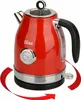 A red electric kettle with a thermometer on a black base, shown on a white background with a red arrow indicating rotation. Podgląd zdjęcia produktu