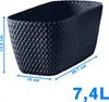 A dark gray planter with dimensions indicated by blue arrows and text. Náhled obrázku produktu