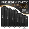 A row of black garment bags of varying sizes, each labeled with its dimensions, is presented against a dark background with a golden arc. A tape measure icon is visible in the upper right corner. Text in German translates to "For every purpose, the right s Produktbild-Vorschau