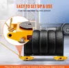A close-up view of a yellow machine dolly with a rope attached, positioned in front of a rack of tires and a truck. Text overlays highlight ease of use. Náhľad obrázku produktu