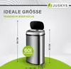 A silver automatic trash can with its lid open, shown with dimensions and capacity indicated by text overlays. Náhľad obrázku produktu
