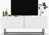 A white TV stand with a black metal frame, a television on top, and decorative items on the surface. Produktbild-Vorschau