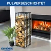 A metal firewood rack filled with logs stands next to a fireplace with a fire burning. A potted plant is to the left of the rack. Produktbild-Vorschau