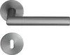 A door handle set with a round escutcheon plate, both made of brushed metal. Produktbild-Vorschau