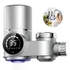A close-up studio shot of a silver water filter attachment for a faucet, with a digital display showing temperature and filter life. Produktbild-Vorschau