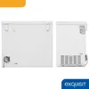 Two views of a white chest freezer are shown against a white background. The left image shows the front of the freezer, and the right image shows the back with a ventilation grille and a label. Produktbild-Vorschau