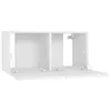 A white TV cabinet with two open compartments and visible hinges. Produktbild-Vorschau