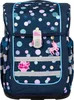 A navy blue backpack with a polka dot pattern and a pink unicorn charm. Voir les images du produit