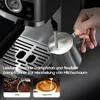 A close-up of an espresso machine steaming milk, with two inset images showing a latte and a cappuccino. Náhľad obrázku produktu