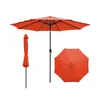 Three views of an orange patio umbrella: fully open, closed and standing, and a top-down view of the canopy. Produktbild-Vorschau