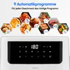 A marketing image showing the top part of a white air fryer with a digital display and a collage of food images above it, illustrating its automatic programs. Produktbild-Vorschau