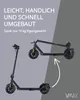 An e-scooter is shown in two states: unfolded and folded, with text highlighting its features. Produktbild-Vorschau